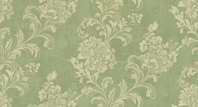 Fototapeta Sage Green Floral Damask Wallpaper - Elegant sage green wallpaper featuring a soft matte finish, intricate floral damask patterns, subtle texture, and a vintage aesthetic. Symbolizes: sophistication
