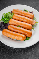 Sausages meat tasty fresh gourmet food background table rustic food top view copy space