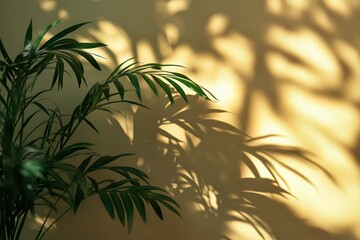 Obraz premium Shadows of Leaves Dance on a Golden Wall in a Sunlit Indoor Space During the Afternoon