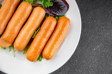 Sausages meat tasty fresh gourmet food background table rustic food top view copy space