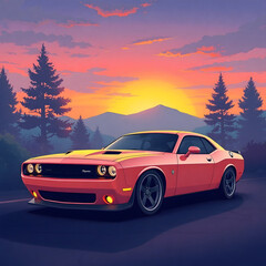 Naklejka premium Abstract futuristic sci-fi style illustration, smooth gradient transition, sleek muscle car with glossy finish against a sunset art illustration design