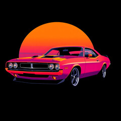 Obraz premium Abstract futuristic sci-fi style illustration, smooth gradient transition, sleek muscle car with glossy finish against a sunset art illustration design