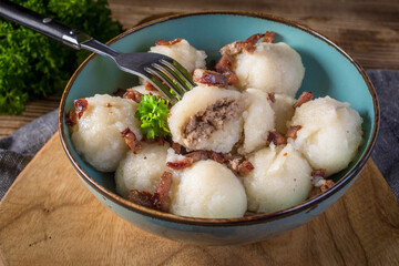 Meat stuffed potato dumplings.