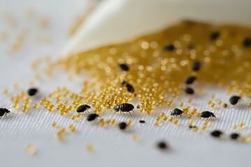 Close-up of tiny black insects crawling among golden grains on a white surface, with scattered materials
