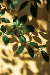 Obraz premium Green Leaves Casting Shadows on a Yellow Wall During Daylight in an Indoor Setting