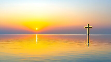 Sunrise over water with cross