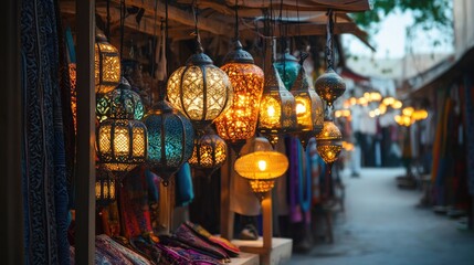 Obraz premium An outdoor Eid bazaar where modern and traditional lanterns hang from wooden frames