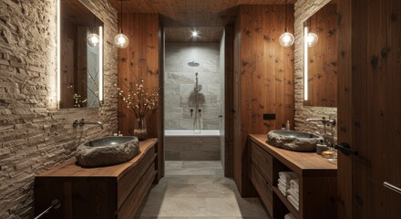 Modern Rustic Bathroom Design with Stone Vessel Sinks - Luxurious and modern bathroom design featuring natural stone vessel sinks, wood accents, and a sleek shower. It embodies sophistication