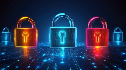 Glowing padlocks in orange blue and pink on a blue circuit board with a dark background