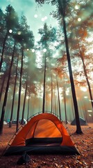 Camping tent surrounded by tall trees in a serene forest setting with soft sunlight filtering through the leaves, nature adventure concept