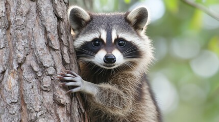 Fototapeta premium Raccoon climbing tree, wildlife encounter in forest, close-up view of animal, sunny day, nature exploration, urban wildlife
