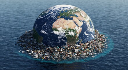 Fototapeta premium Planet Earth Drowning in Plastic Waste - Ocean pollution, environmental crisis, plastic waste, global warming, sustainability. A powerful visual representing the urgent need for change
