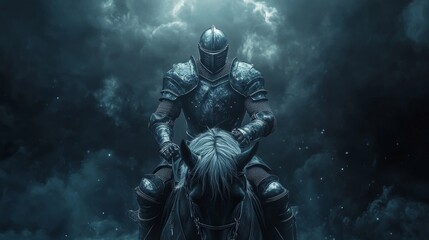 Medieval knight on horseback positioned in front of a bokeh background for stock use