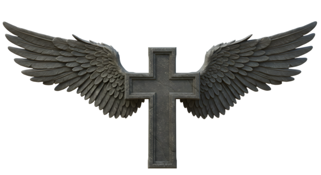 Stone Cross Sculpture with Winged Design Isolated on White Background