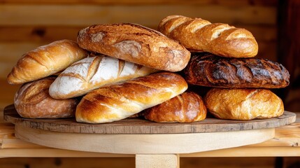 An exquisite collection of freshly baked artisan bread loaves, showcasing the beauty and variety of different shapes and textures in a rustic presentation.