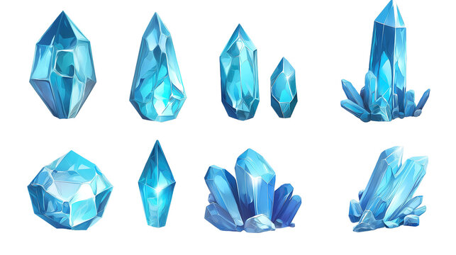 set of blue crystal gemstone on transparent background