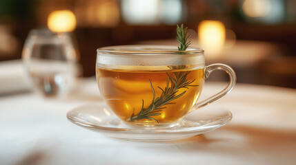 Glass cup containing a steaming herbal tea with a sprig of rosemary, served on a glass saucer in a restaurant setting