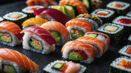 Colorful sushi and rolls arranged on a dark surface, showcasing a variety of ingredients and textures