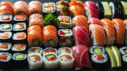 Delicious assortment of sushi and rolls arranged on a dark surface, showcasing a variety of flavors and textures