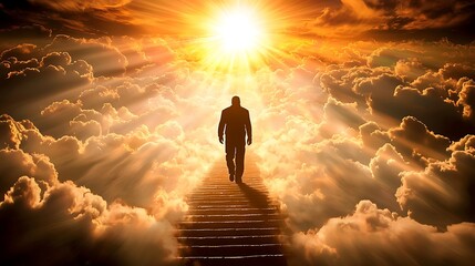 A figure ascends golden stairway to heavenly light