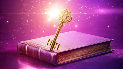 Golden Key Resting on a Purple Book with Magical Glow and Sparkles Representing Unlocking Knowledge and Opportunities in a Mystical Setting