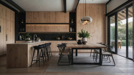 Spacious open plan kitchen and dining area features natural wood cabinetry, a large wooden table, and modern black accents