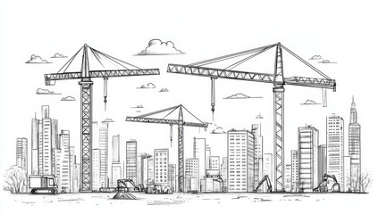 Cityscape construction scene with cranes