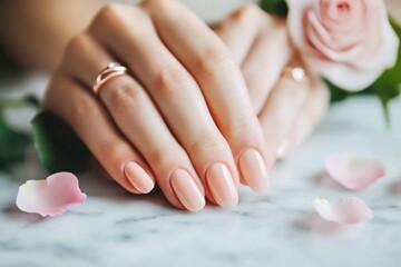Naklejka premium Woman with blank pale pink blank nails manicure. Mock up. Spring summer flowers background