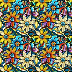 Fototapeta premium A colorful floral pattern on a black background.