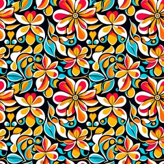 A colorful floral pattern on a black background.