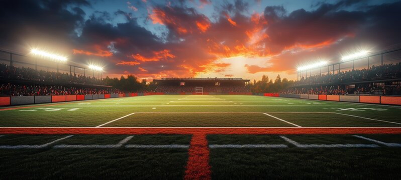 Bright Sunset During a Football Game at a Local Stadium With a Lively Crowd