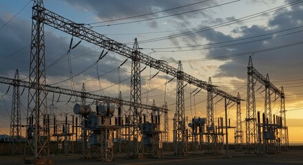 Electrical Power Substation at Sunset - A row of high-voltage electrical power substations silhouetted against a vibrant sunset sky