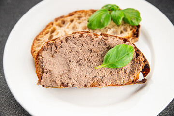 Pate meat porc tasty fresh gourmet food background on the table rustic food top view copy space
