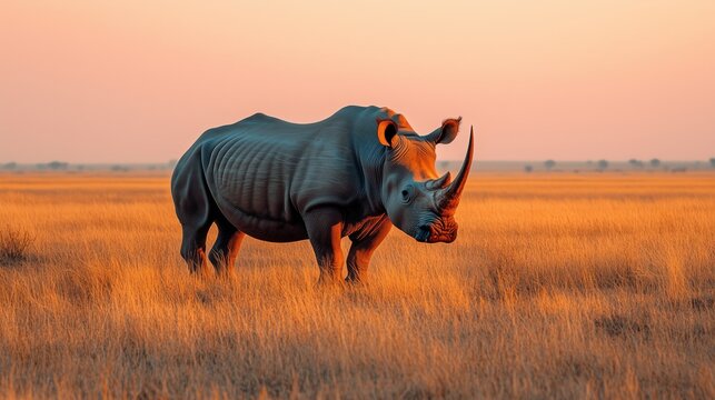 Majestic rhinoceros walks through golden savannah grass during sunset in the African wilderness