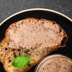 Pate meat porc tasty fresh gourmet food background on the table rustic food top view copy space