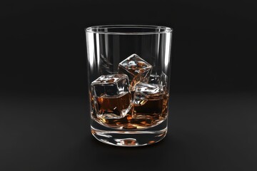 Glass of whiskey with ice cubes on dark background Close up lass of whiskey with ice cubes on plain background .