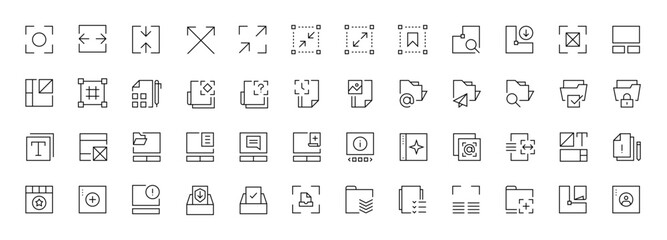 Web layout, UI/UX icons collection. User interface, essential, interface components, focus, generate, folder, screen, arrow and more. Editable stroke. Pixel perfect.