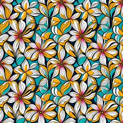 A pattern of colorful flowers on a blue background.
