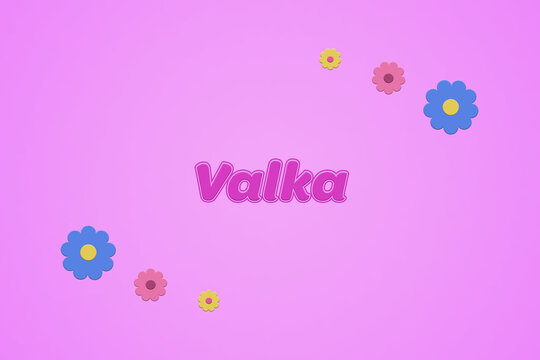 Valka female girl name illustration in pink with blossoms, flowers