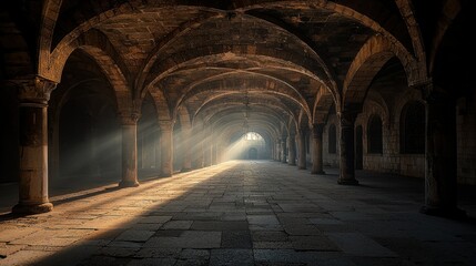 Obraz premium Sunbeams Illuminating Ancient Stone Hallway