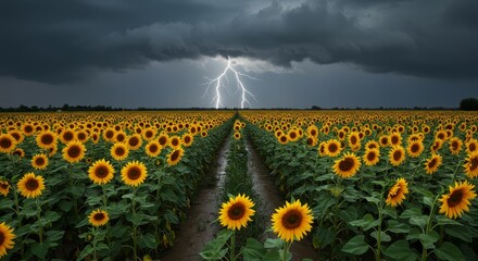 Obraz premium Stormy Meadow Sunflowers - Sunflowers endure a dramatic thunderstorm, symbolizing resilience, nature's power, hope amidst adversity, the beauty of contrast, and life's unexpected turns