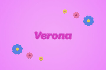 Verona female girl name illustration in pink with blossoms, flowers