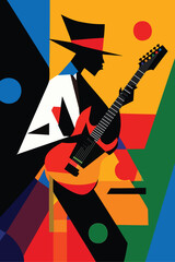 Abstract Jazz Guitarist Illustration.  The musician is shown playing an electric guitar, set against a dynamic background of red, yellow, green, and blue tones.