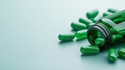A dramatic and dynamic image of green capsules spilling from a glass jar, symbolizing health, vitality, and the importance of supplements in our daily lives.