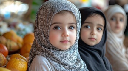Adorable Muslim Girls in Hijabs at a Market