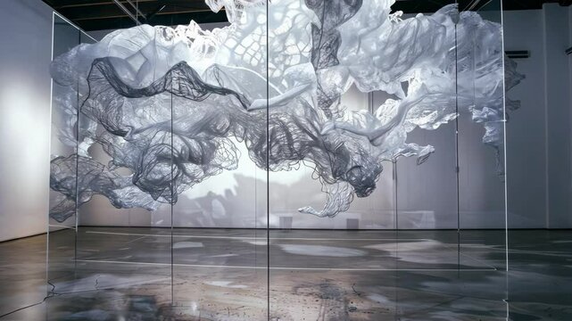 Kinetic art installation with moving elements that shift and change shape unpredictably, challenging viewers to reconsider the fixed nature of art and reality
