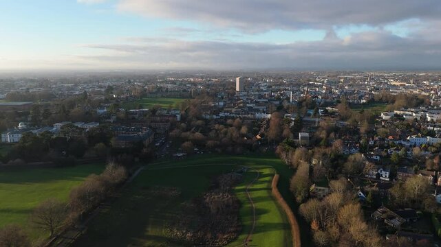Drone Aerial View above Reeves Field, Cheltenham city, UK