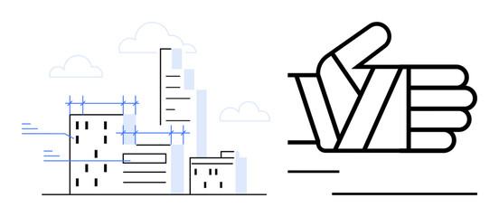 Sketched urban buildings with blueprints meet a bold thumbs-up sign symbolizing approval. Ideal for construction projects, urban planning, architecture, teamwork, trust, design validation, growth
