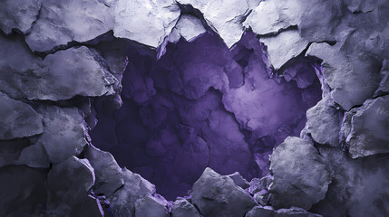 Abstract purple cavern in fractured grey stone. Fractured Void. Illustration