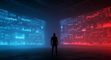 Man Contemplating Data Streams - A lone figure stands before massive screens displaying complex data streams, symbolizing analysis, decision-making, technology, future, and information overload
